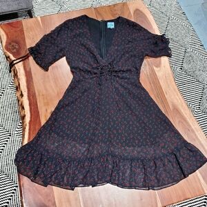 Princess Polly Semi Sheer Ruffled Black Cherry Print Dress Size 6 (XS-S …